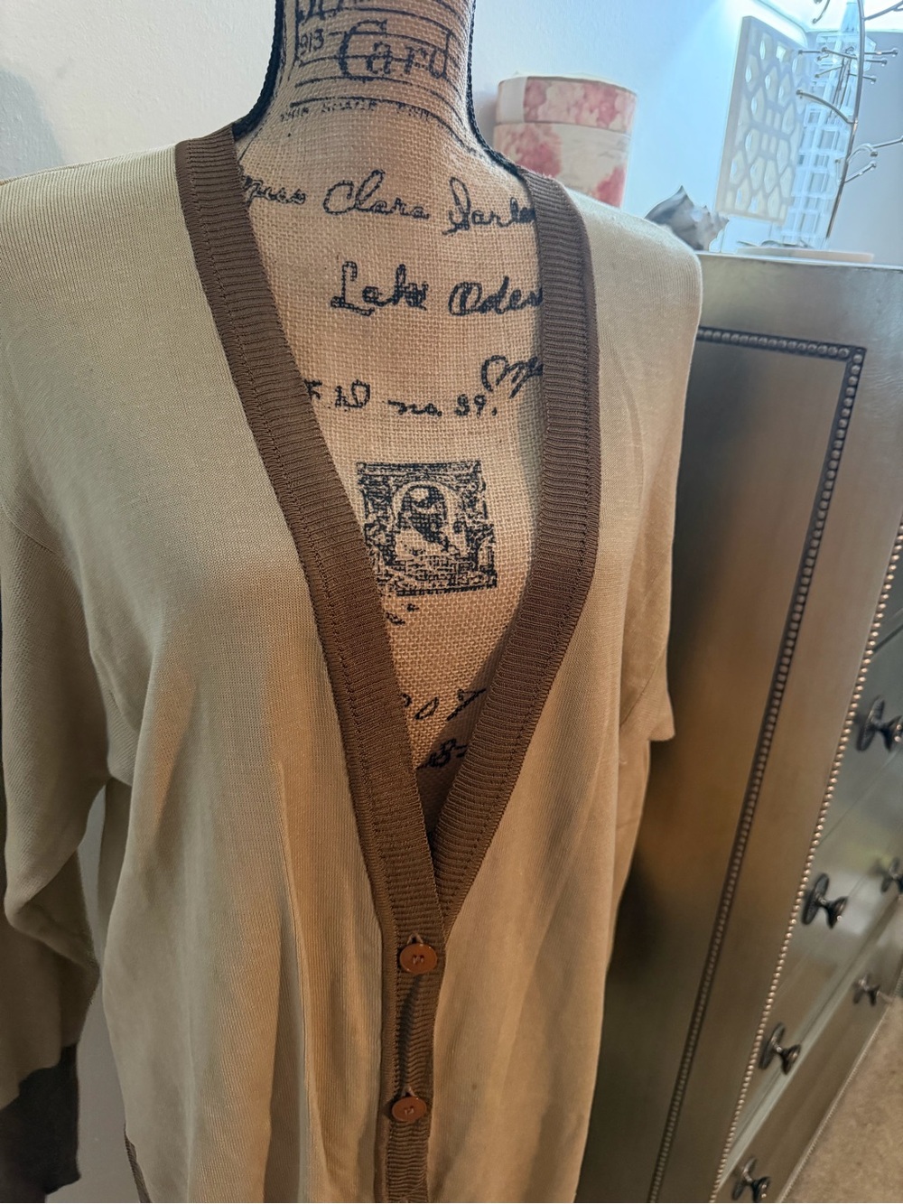 Vintage Anne Klein Beige Cardigan with Brown Trim